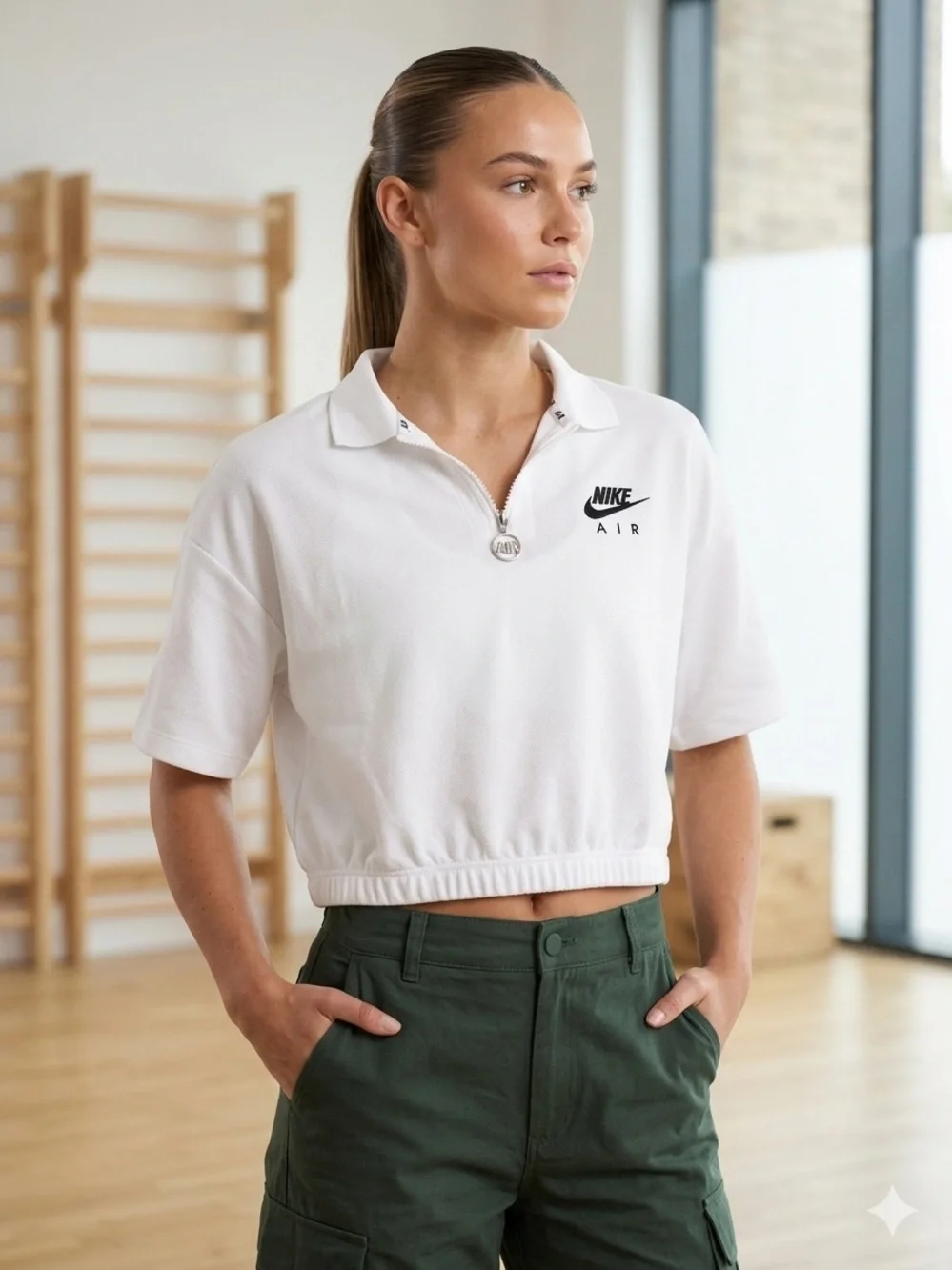 Nike White Cropped Half-Zip Polo Top